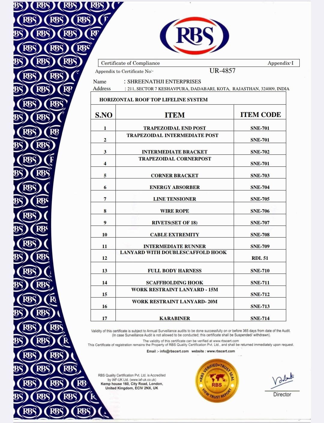 Shreenathji Enterprises certification 2